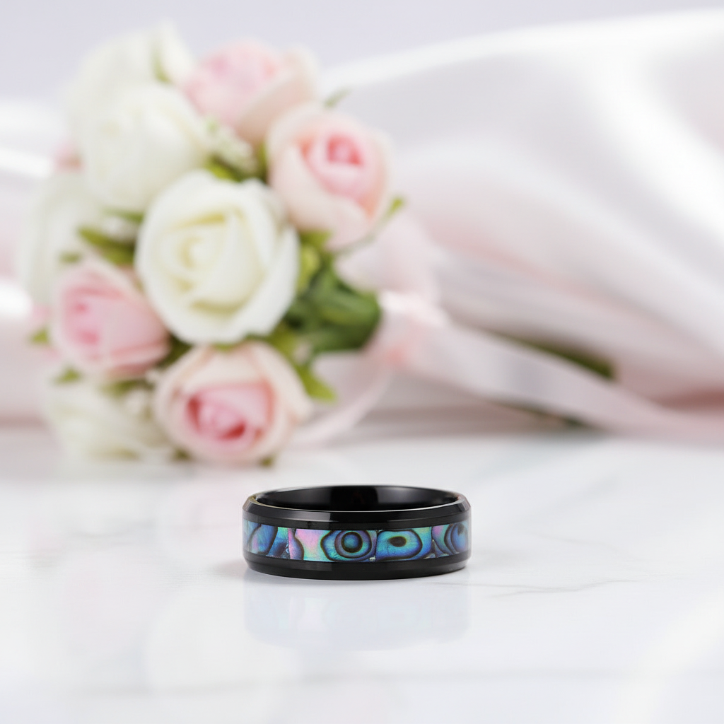 Abalone Shell Men's Titanium Wedding Band-Black Diamonds New York