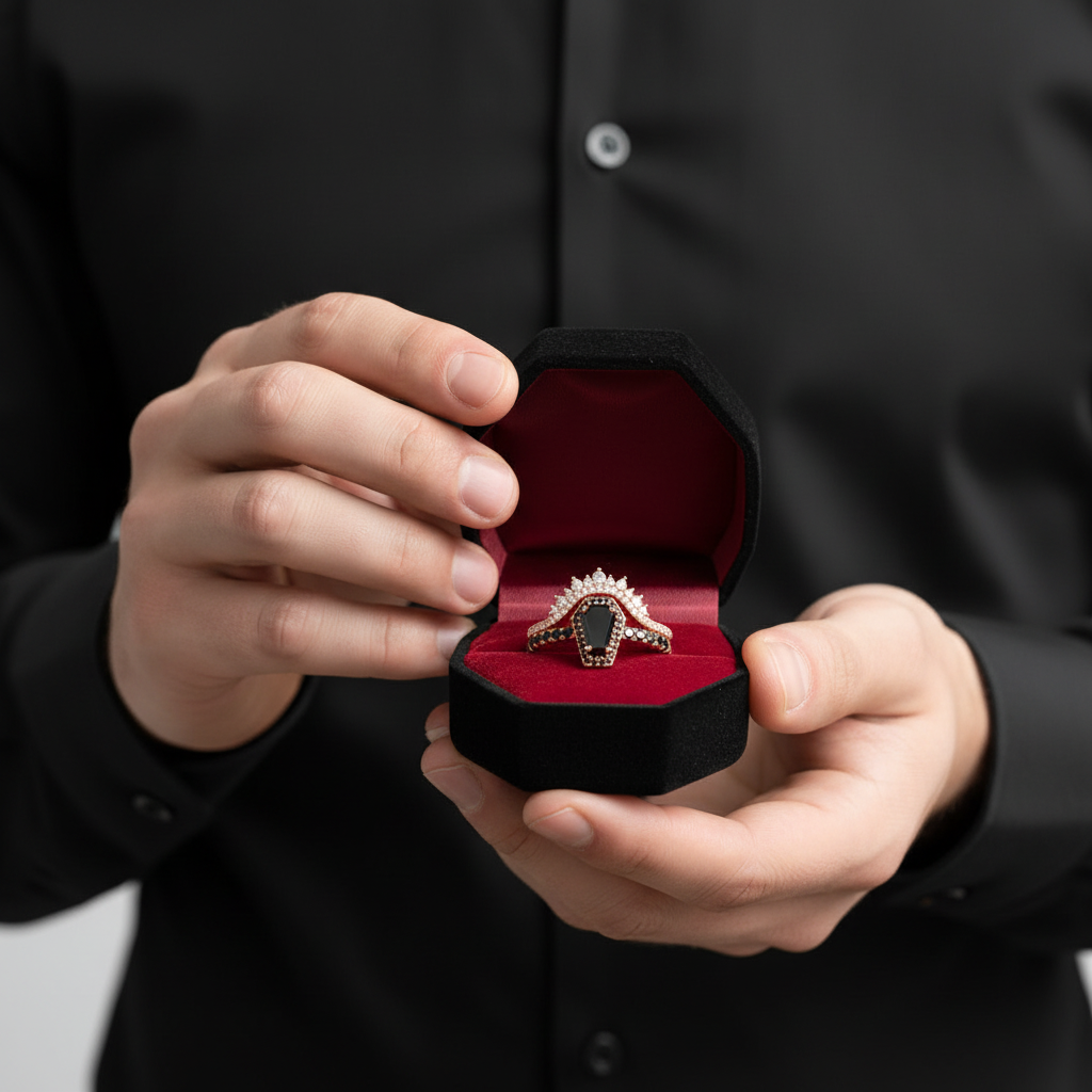 Best Love Rings in Rose Gold- Rare Coffin Cut Diamond Option Gothic Ring Set-Black Diamonds New York