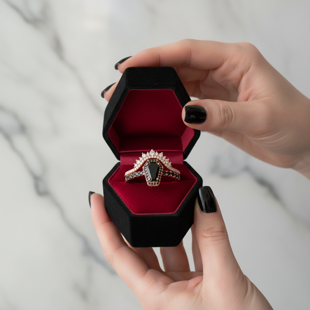 Best Love Rings in Rose Gold- Rare Coffin Cut Diamond Option Gothic Ring Set-Black Diamonds New York