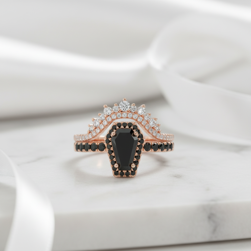 Best Love Rings in Rose Gold- Rare Coffin Cut Diamond Option Gothic Ring Set-Black Diamonds New York