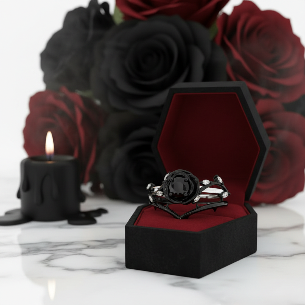 Black Rose- .50ct Round Cut Diamond Option Modern Goth Engagement Rings-Black Diamonds New York