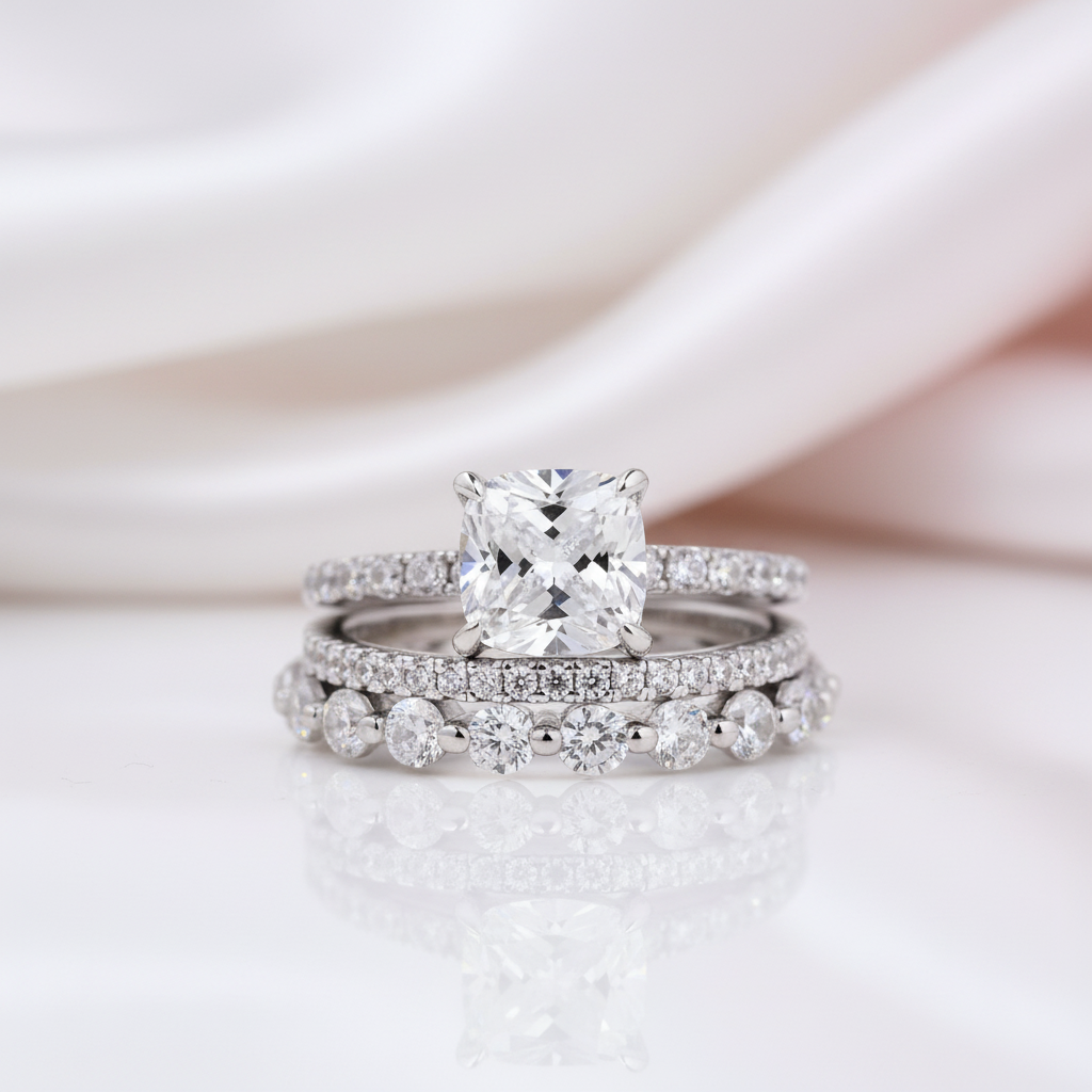 Diamond Option Cushion Cut 3-Pcs Wedding Ring-Black Diamonds New York