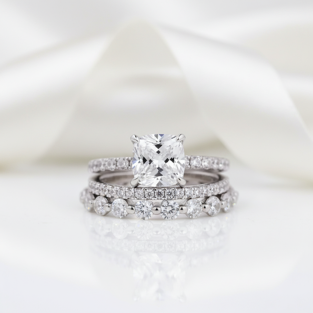 Diamond Option Cushion Cut 3-Pcs Wedding Ring-Black Diamonds New York