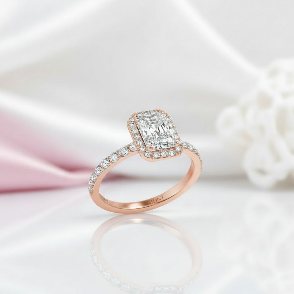 Classic Rose Gold Halo Radiant Cut Engagement Ring-Black Diamonds New York