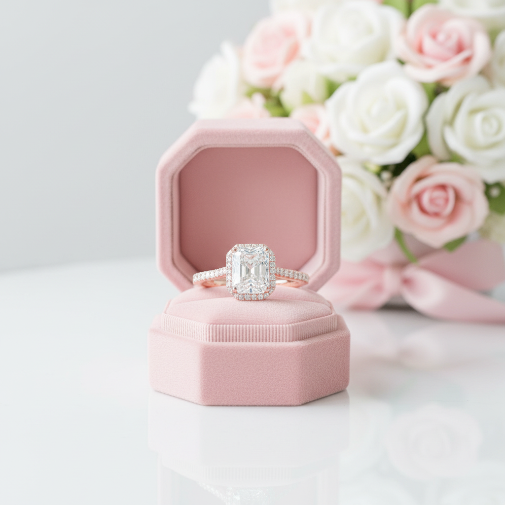 Classic Rose Gold Halo Radiant Cut Engagement Ring-Black Diamonds New York