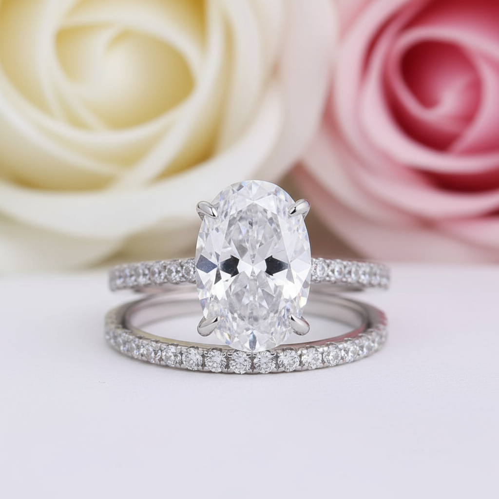 Classic White Sapphire Oval Cut Wedding Ring Set-Black Diamonds New York