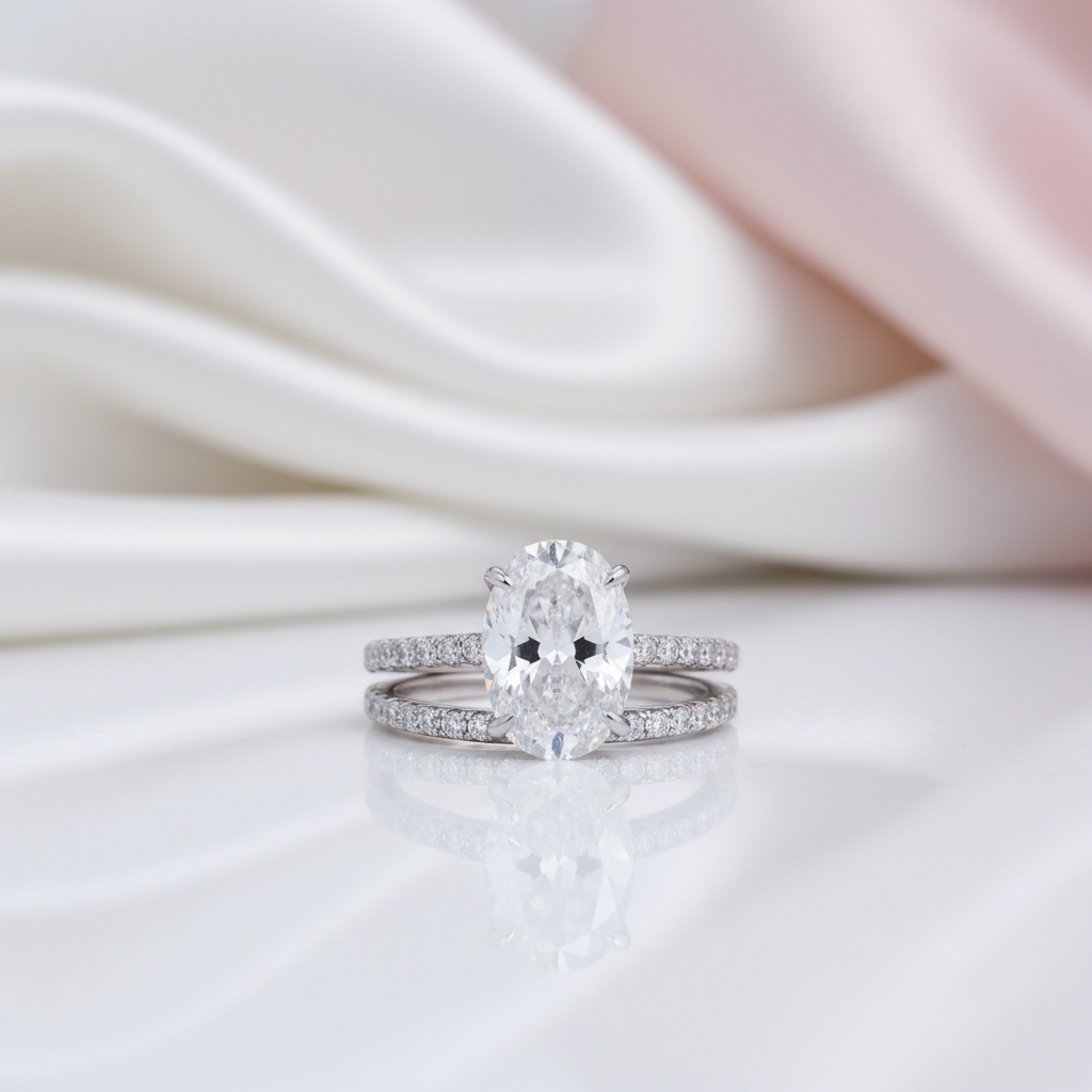 Classic White Sapphire Oval Cut Wedding Ring Set-Black Diamonds New York