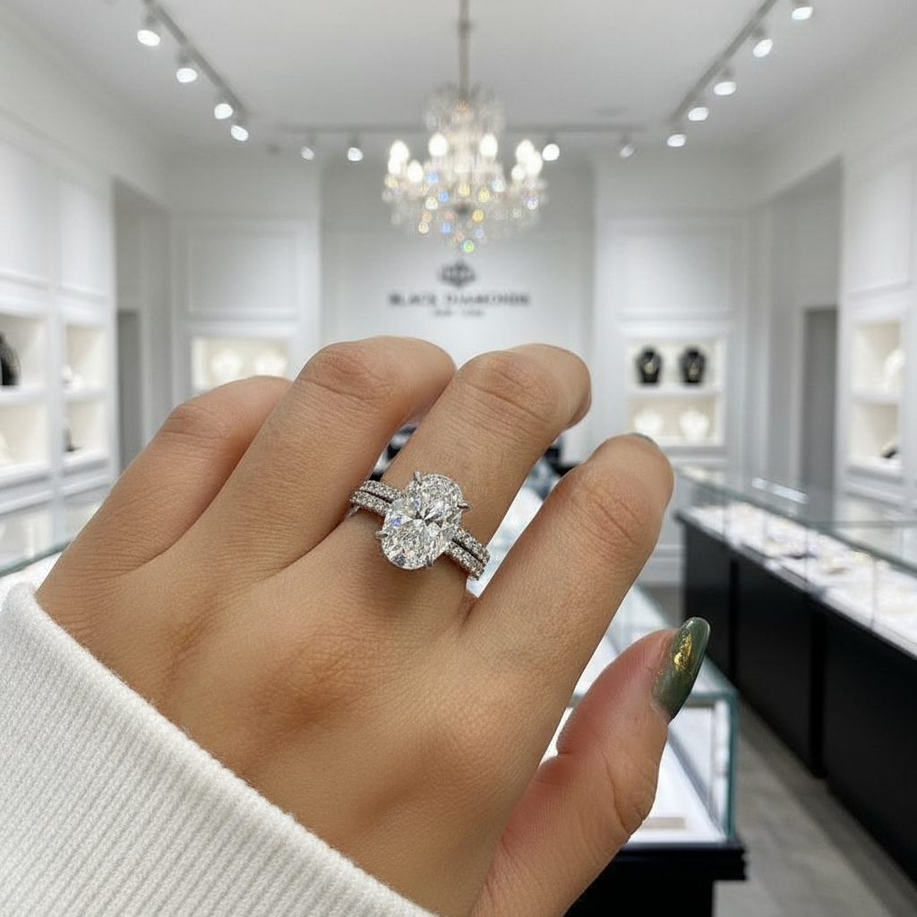 Classic White Sapphire Oval Cut Wedding Ring Set-Black Diamonds New York