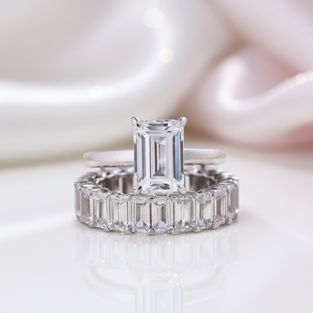 Emerald Cut Solitaire Diamond Option Wedding Ring Set-Black Diamonds New York