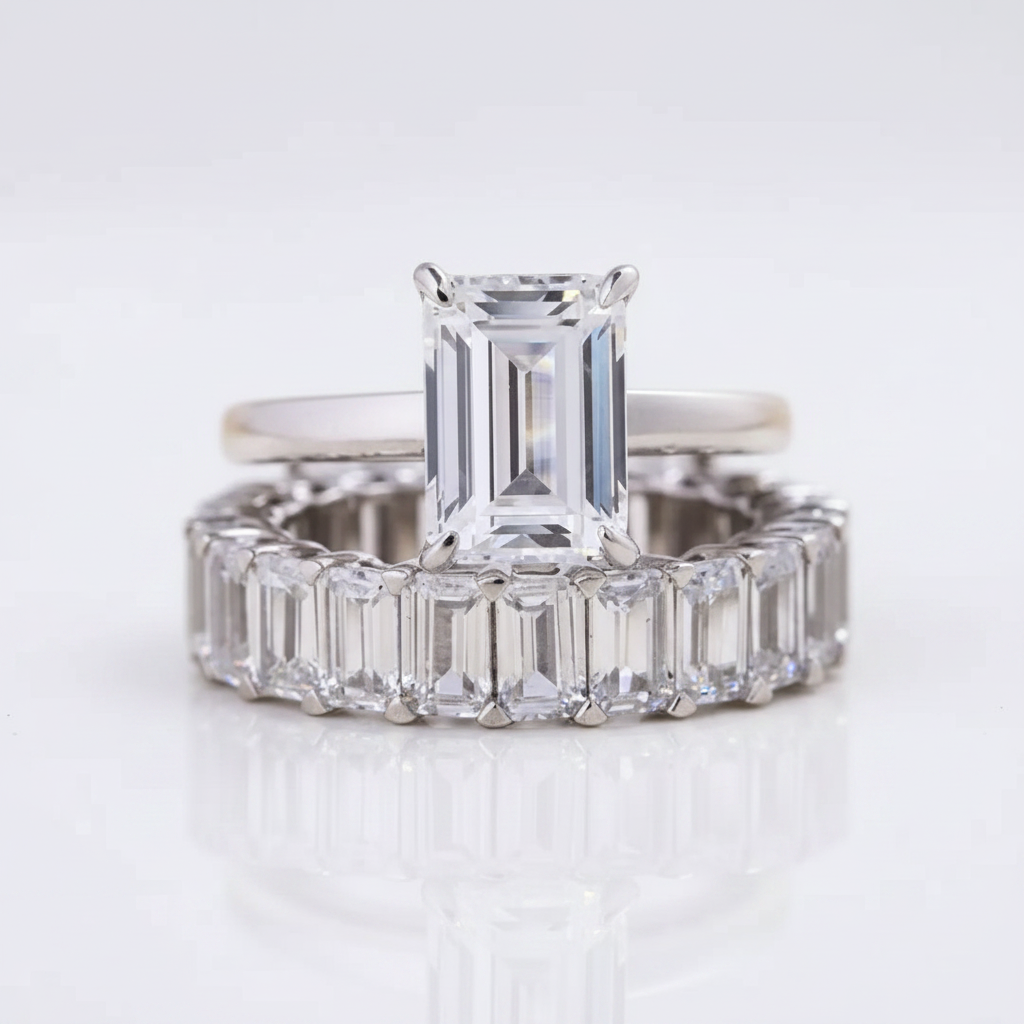 Emerald Cut Solitaire Diamond Option Wedding Ring Set-Black Diamonds New York