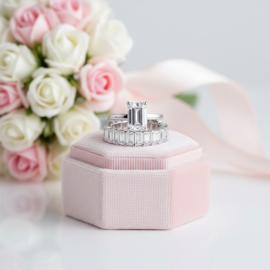 Emerald Cut Solitaire Diamond Option Wedding Ring Set-Black Diamonds New York