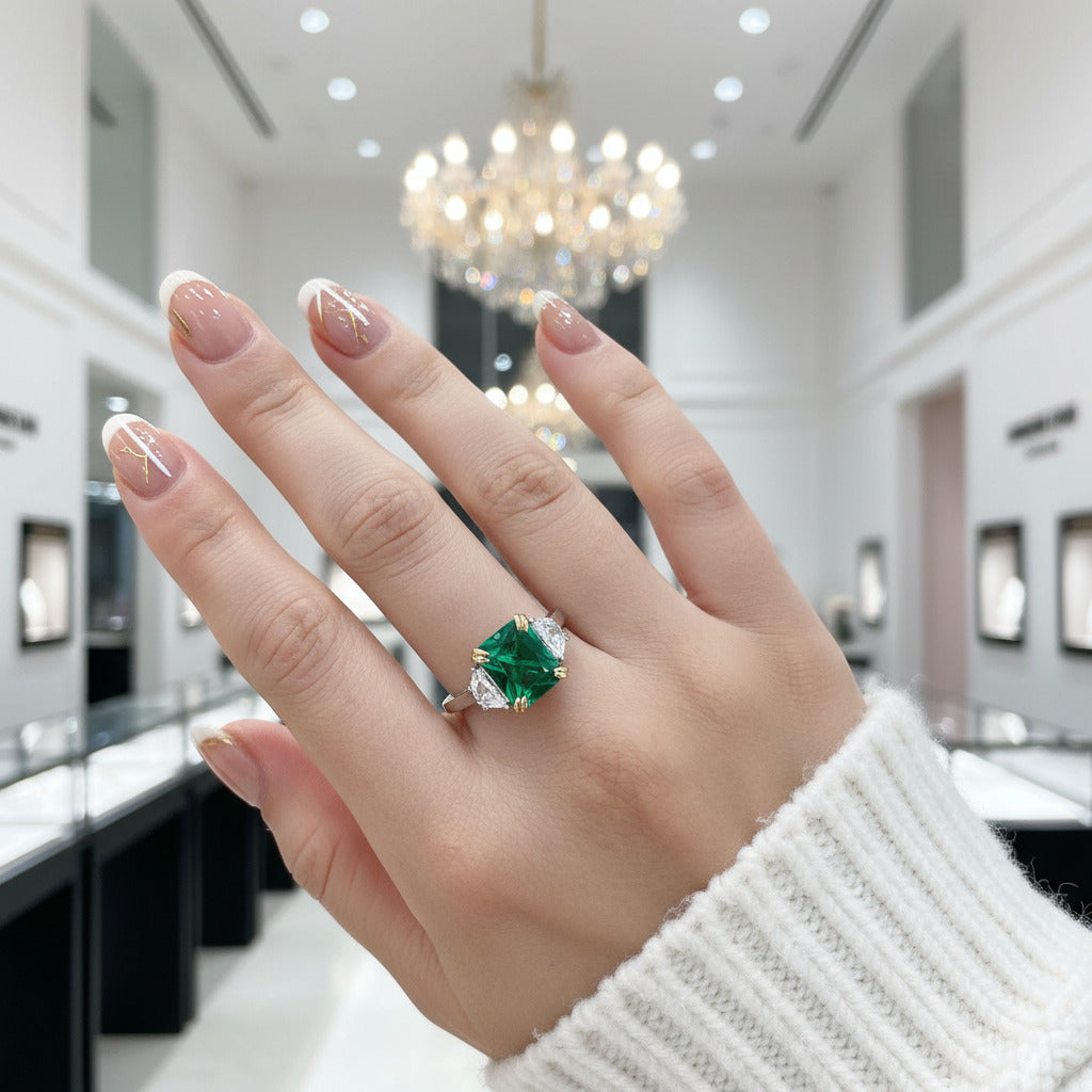 Emerald Green Cushion Cut Three Stone Engagement Ring-Black Diamonds New York
