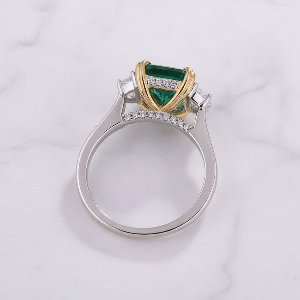 Emerald Green Cushion Cut Three Stone Engagement Ring-Black Diamonds New York