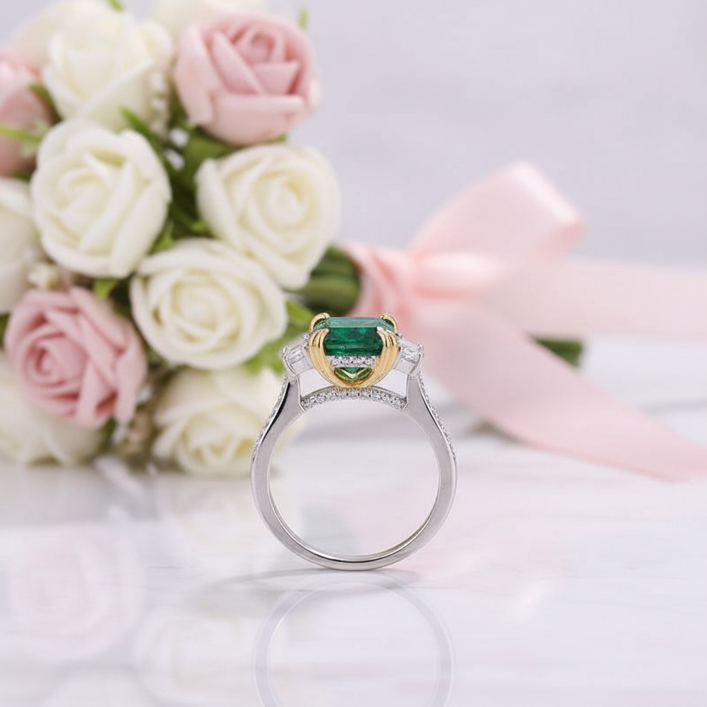 Emerald Green Cushion Cut Three Stone Engagement Ring-Black Diamonds New York