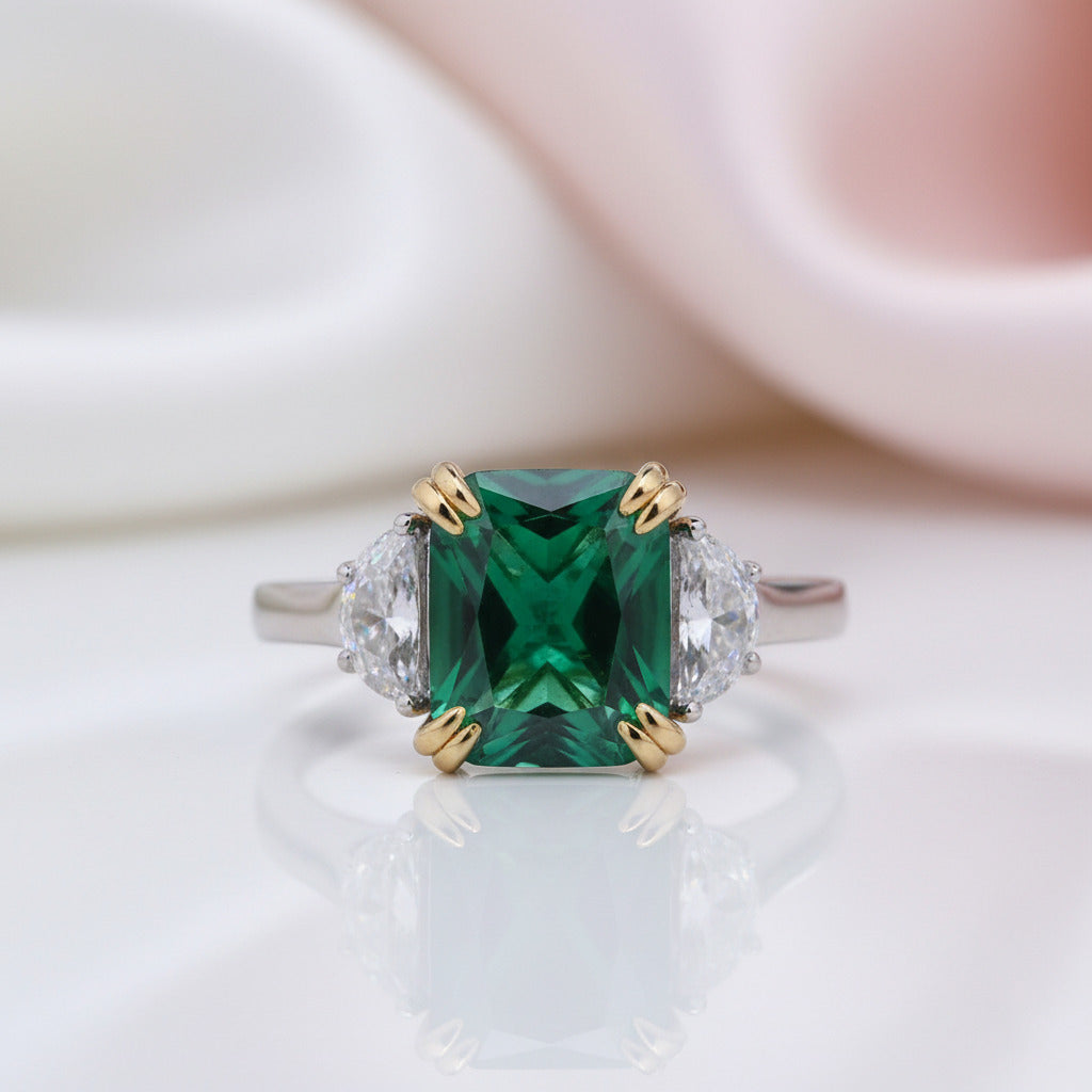 Emerald Green Cushion Cut Three Stone Engagement Ring-Black Diamonds New York