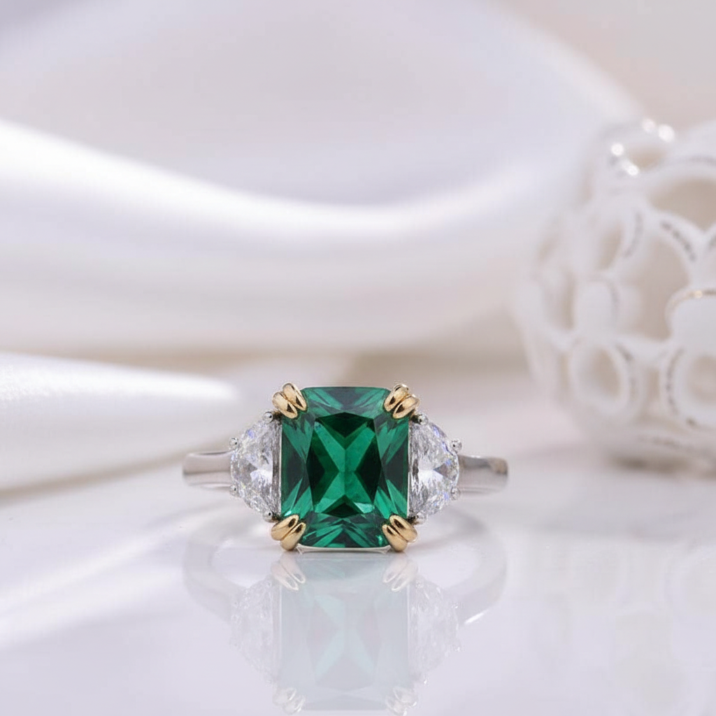 Emerald Green Cushion Cut Three Stone Engagement Ring-Black Diamonds New York