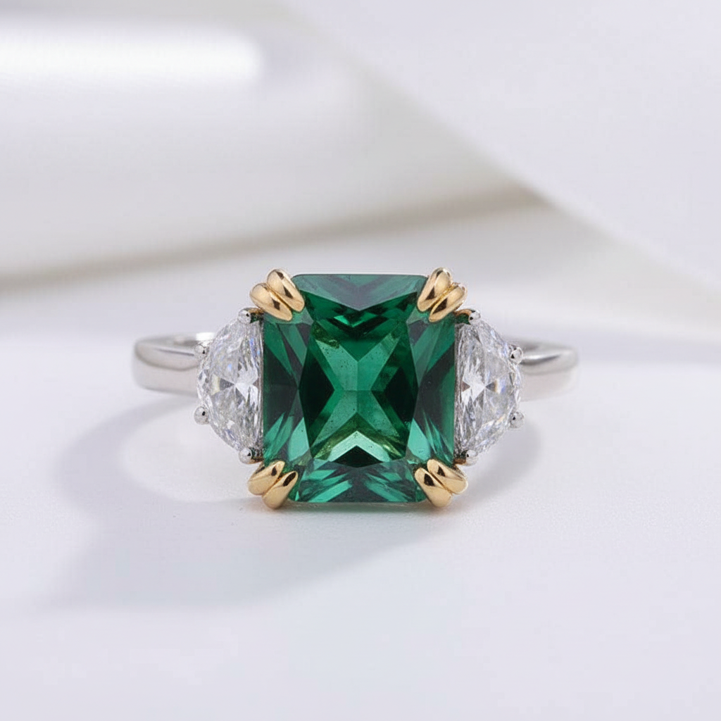 Emerald Green Cushion Cut Three Stone Engagement Ring-Black Diamonds New York