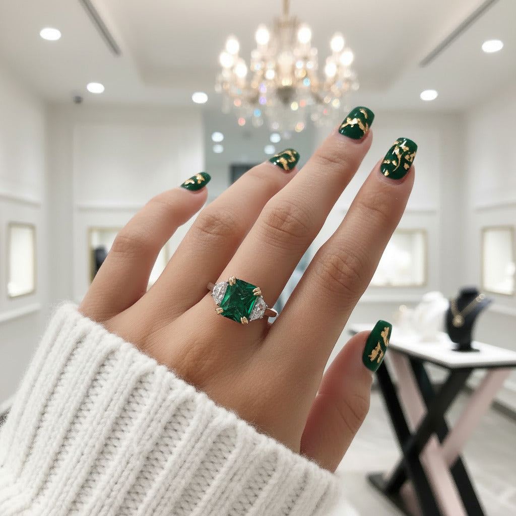 Emerald Green Cushion Cut Three Stone Engagement Ring-Black Diamonds New York
