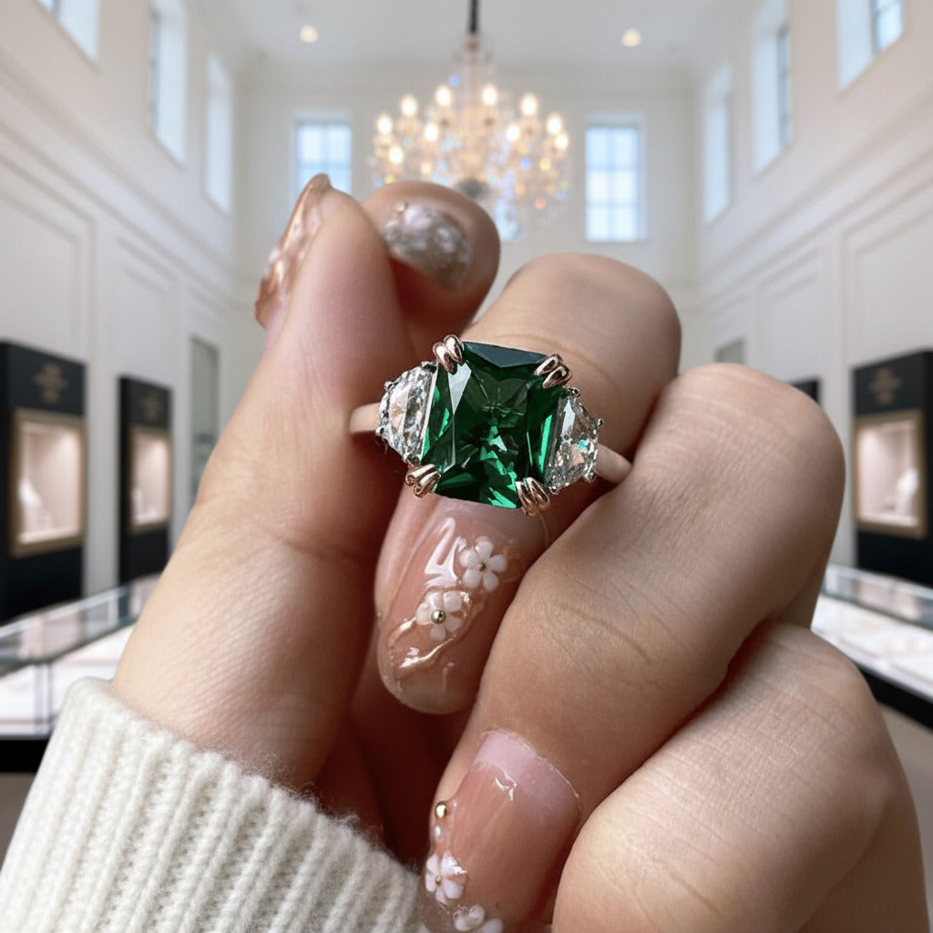 Emerald Green Cushion Cut Three Stone Engagement Ring-Black Diamonds New York