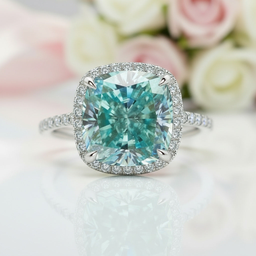 Exquisite Halo Cushion Cut Simulated Cyan Blue Engagement Ring-Black Diamonds New York
