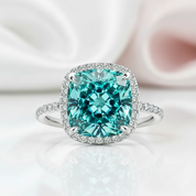 Exquisite Halo Cushion Cut Simulated Cyan Blue Engagement Ring-Black Diamonds New York