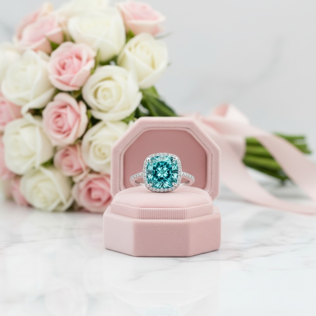 Exquisite Halo Cushion Cut Simulated Cyan Blue Engagement Ring-Black Diamonds New York