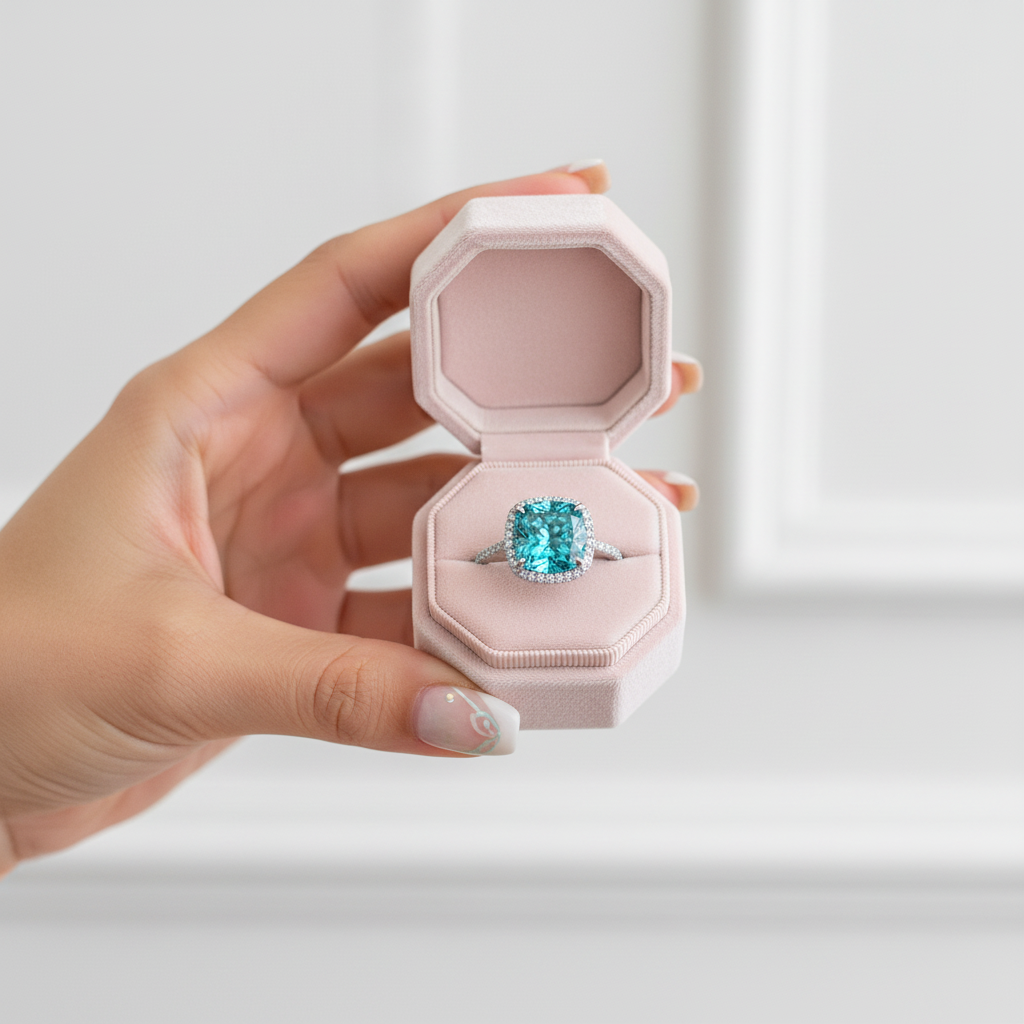 Exquisite Halo Cushion Cut Simulated Cyan Blue Engagement Ring-Black Diamonds New York