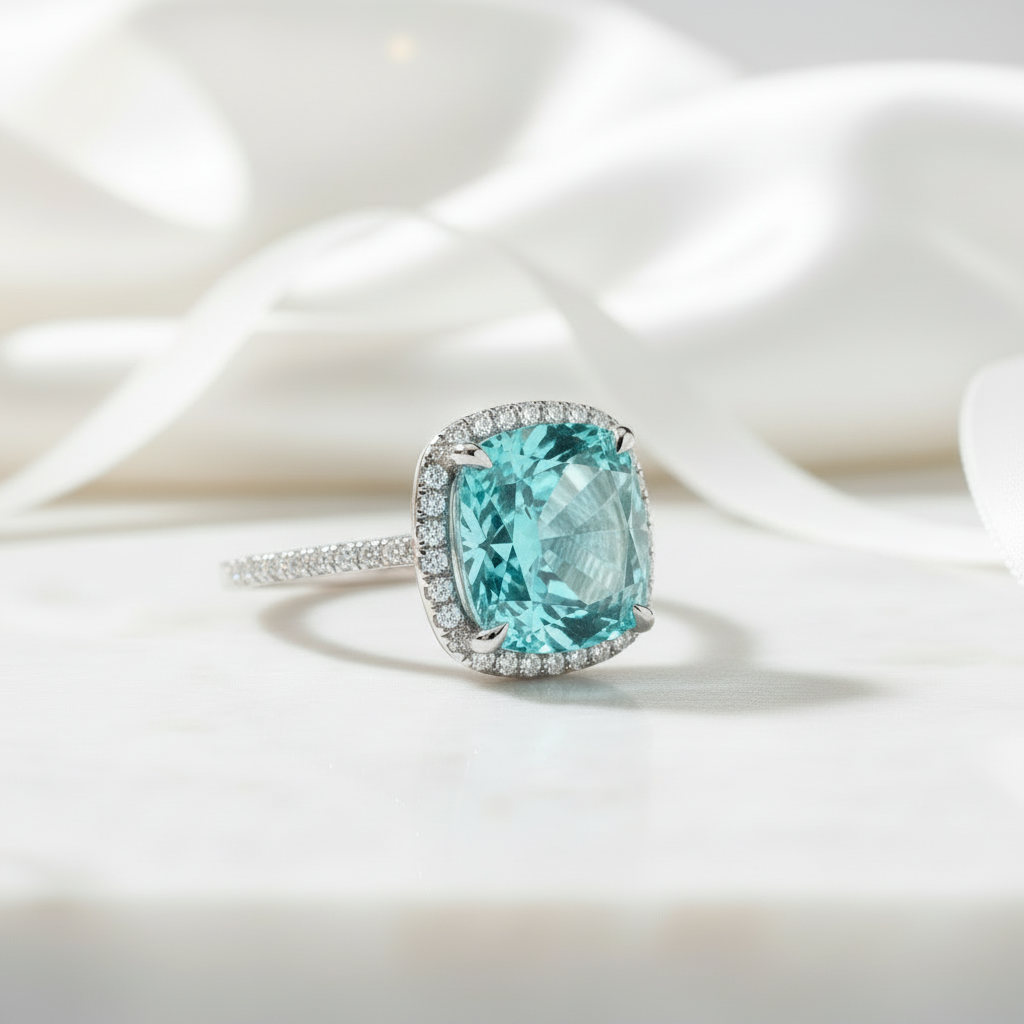 Exquisite Halo Cushion Cut Simulated Cyan Blue Engagement Ring-Black Diamonds New York