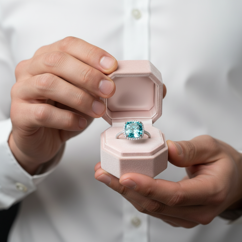 Exquisite Halo Cushion Cut Simulated Cyan Blue Engagement Ring-Black Diamonds New York