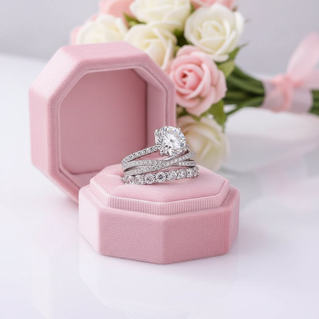 Gorgeous 4 Prong Round Cut Simulated Diamond Option Ring Set-Black Diamonds New York