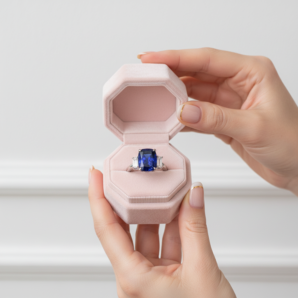 Gorgeous Blue Sapphire Cushion Cut Three Stone Engagement Ring-Black Diamonds New York