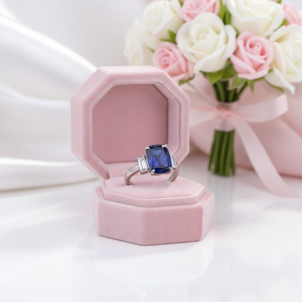 Gorgeous Blue Sapphire Cushion Cut Three Stone Engagement Ring-Black Diamonds New York