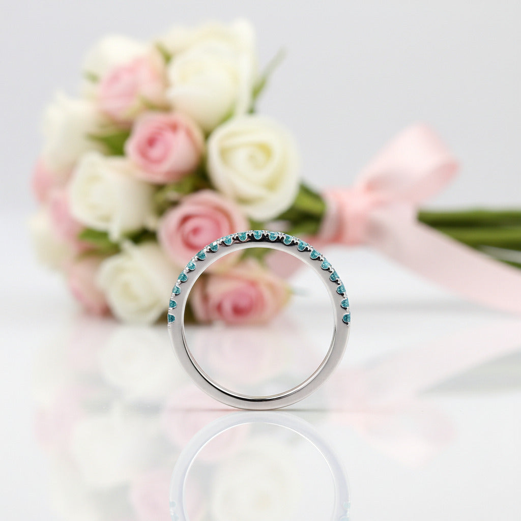 Gorgeous Half Eternity Paraiba Tourmaline Wedding Band-Black Diamonds New York