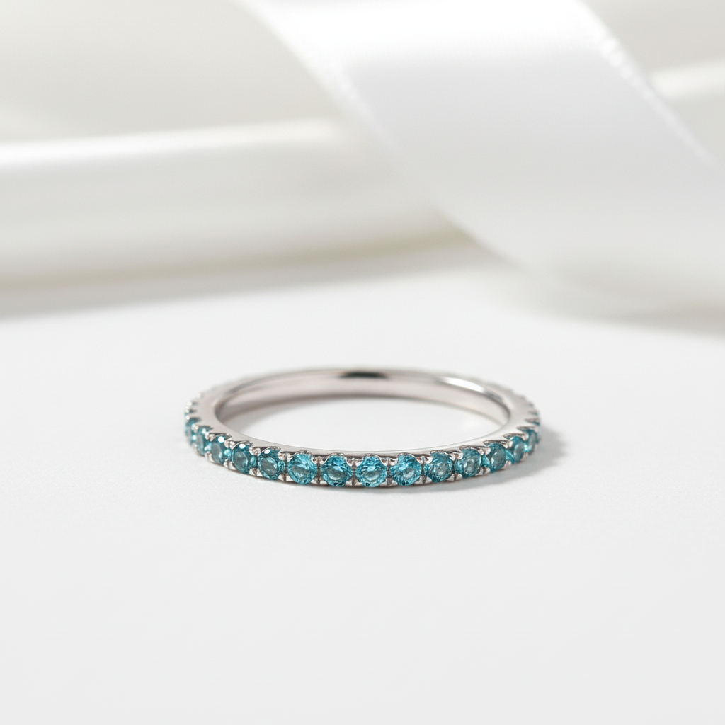 Gorgeous Half Eternity Paraiba Tourmaline Wedding Band-Black Diamonds New York