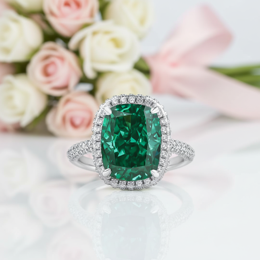 Flash Sale - Gorgeous Halo Cushion Cut Paraiba Green Tourmaline Engagement Ring-Black Diamonds New York