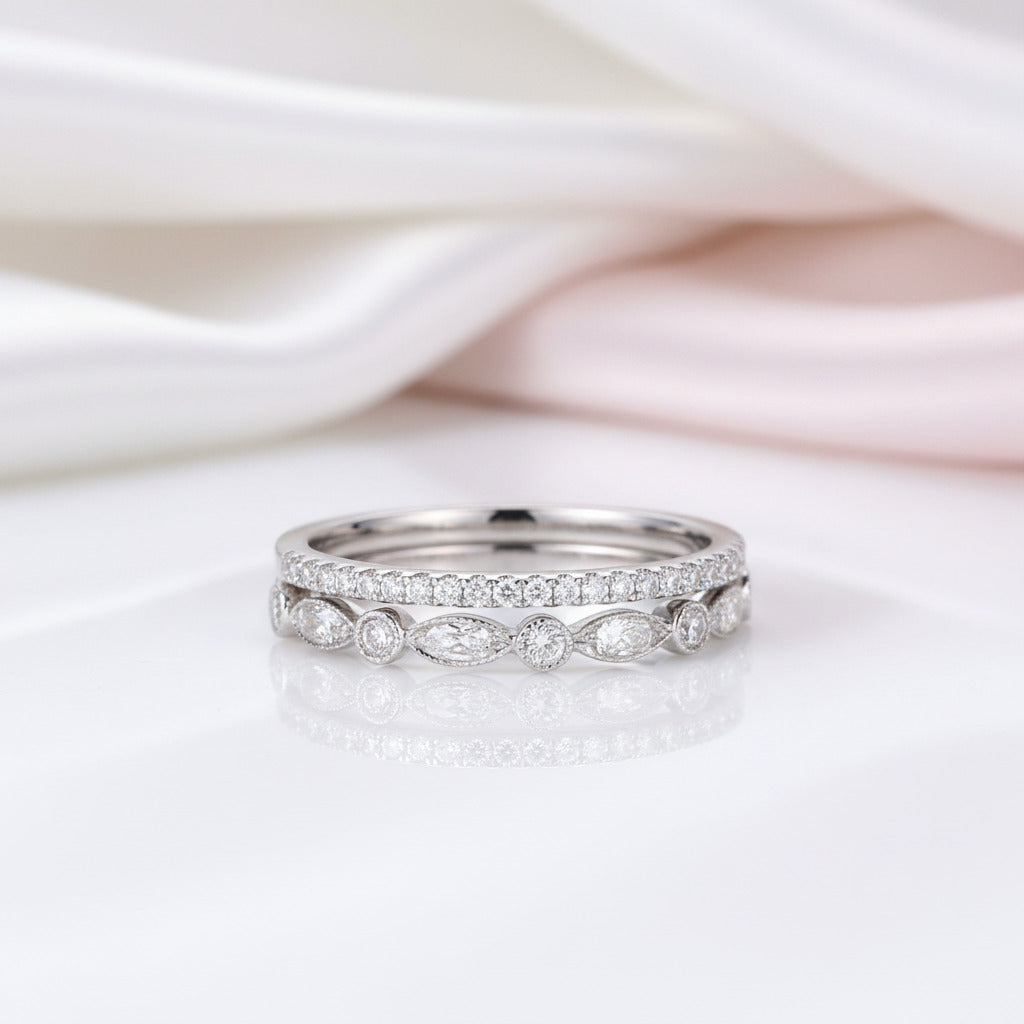Half Eternity Stackable Wedding Band Set In White Gold-Black Diamonds New York
