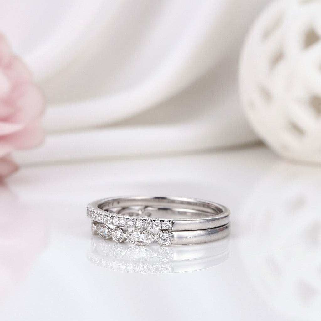 Half Eternity Stackable Wedding Band Set In White Gold-Black Diamonds New York