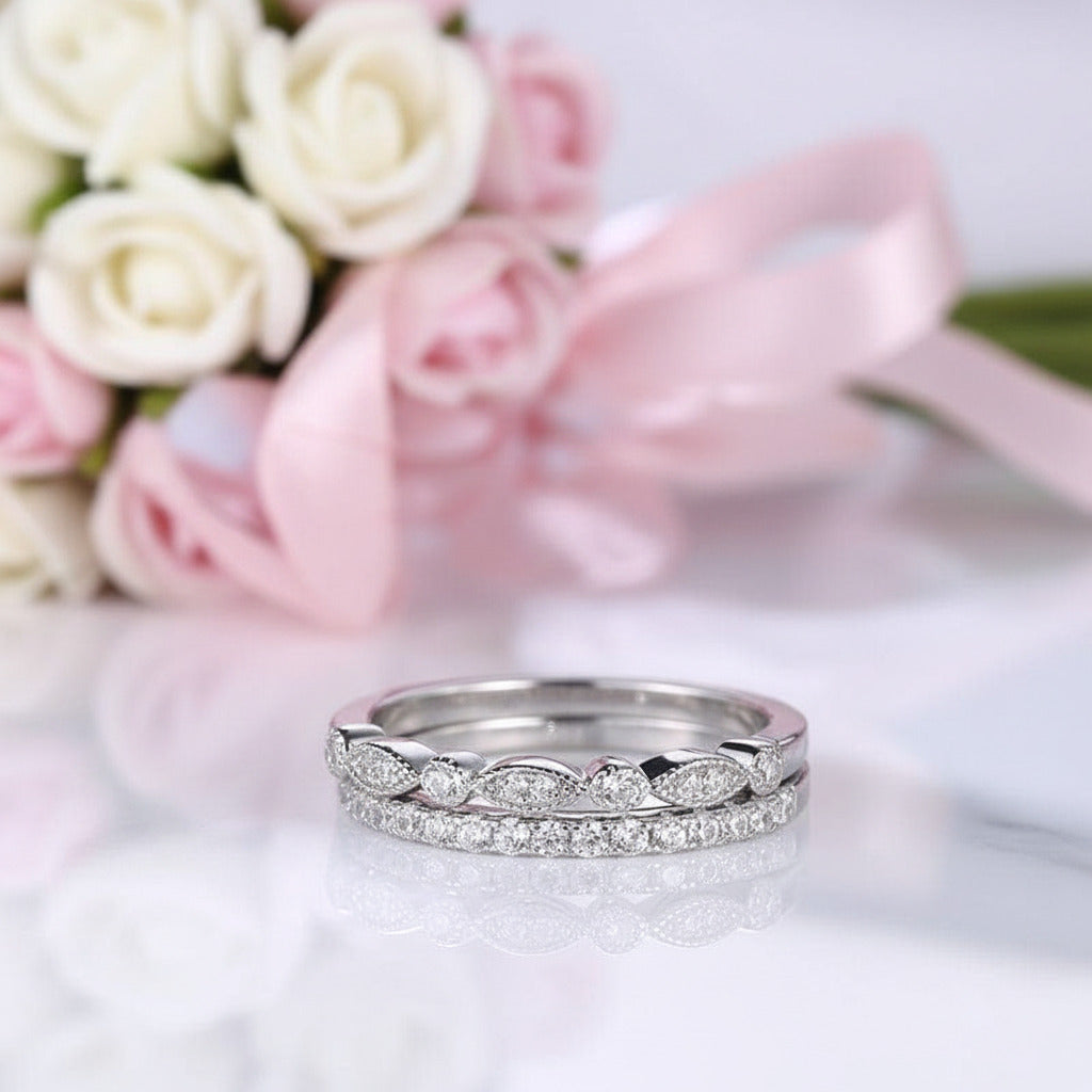 Half Eternity Stackable Wedding Band Set In White Gold-Black Diamonds New York