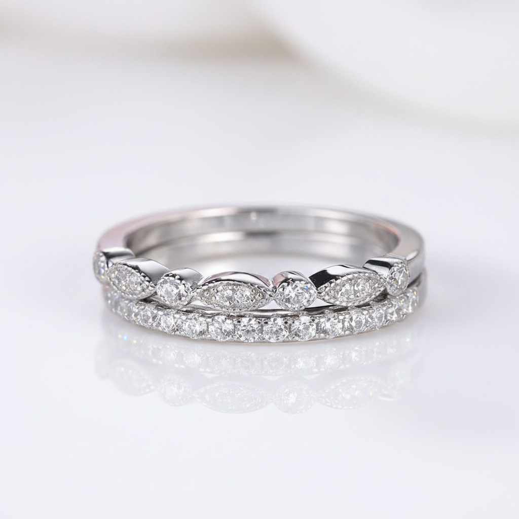 Half Eternity Stackable Wedding Band Set In White Gold-Black Diamonds New York