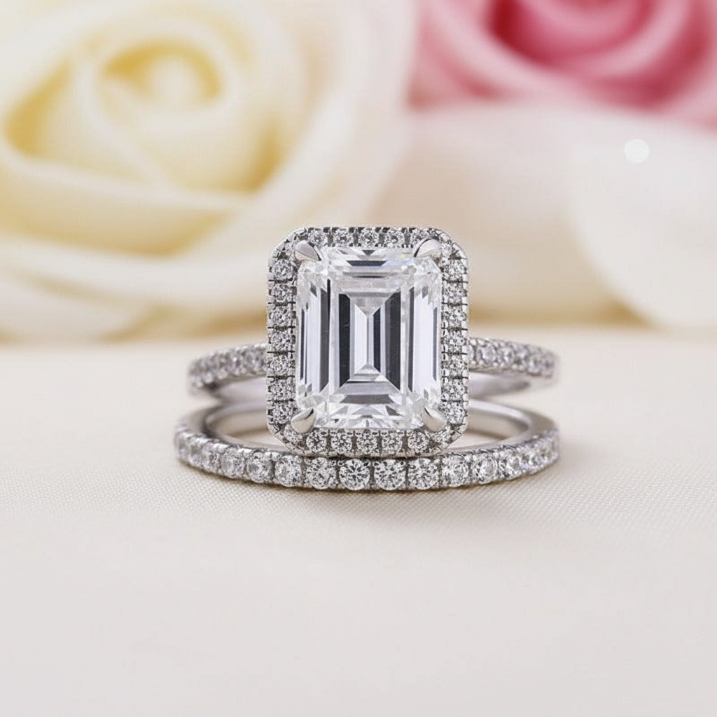 Halo Emerald Cut Simulated Diamonds Wedding Ring Set-Black Diamonds New York