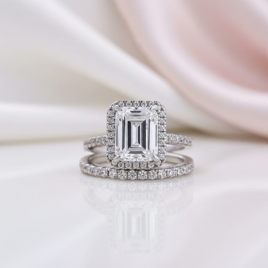 Halo Emerald Cut Simulated Diamond Options Wedding Ring Set-Black Diamonds New York