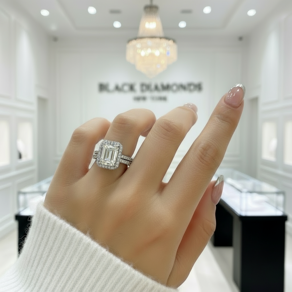 Halo Emerald Cut Simulated Diamonds Wedding Ring Set-Black Diamonds New York