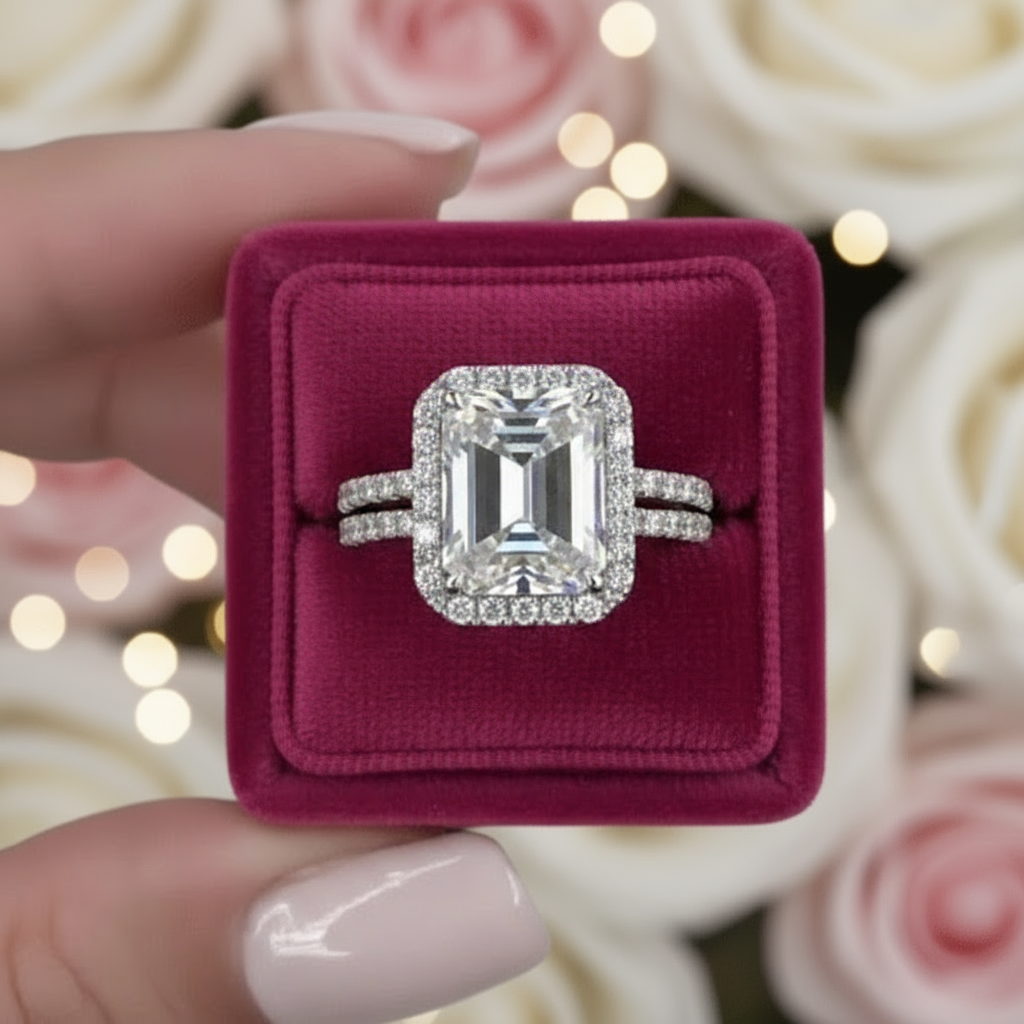 Halo Emerald Cut Simulated Diamonds Wedding Ring Set-Black Diamonds New York