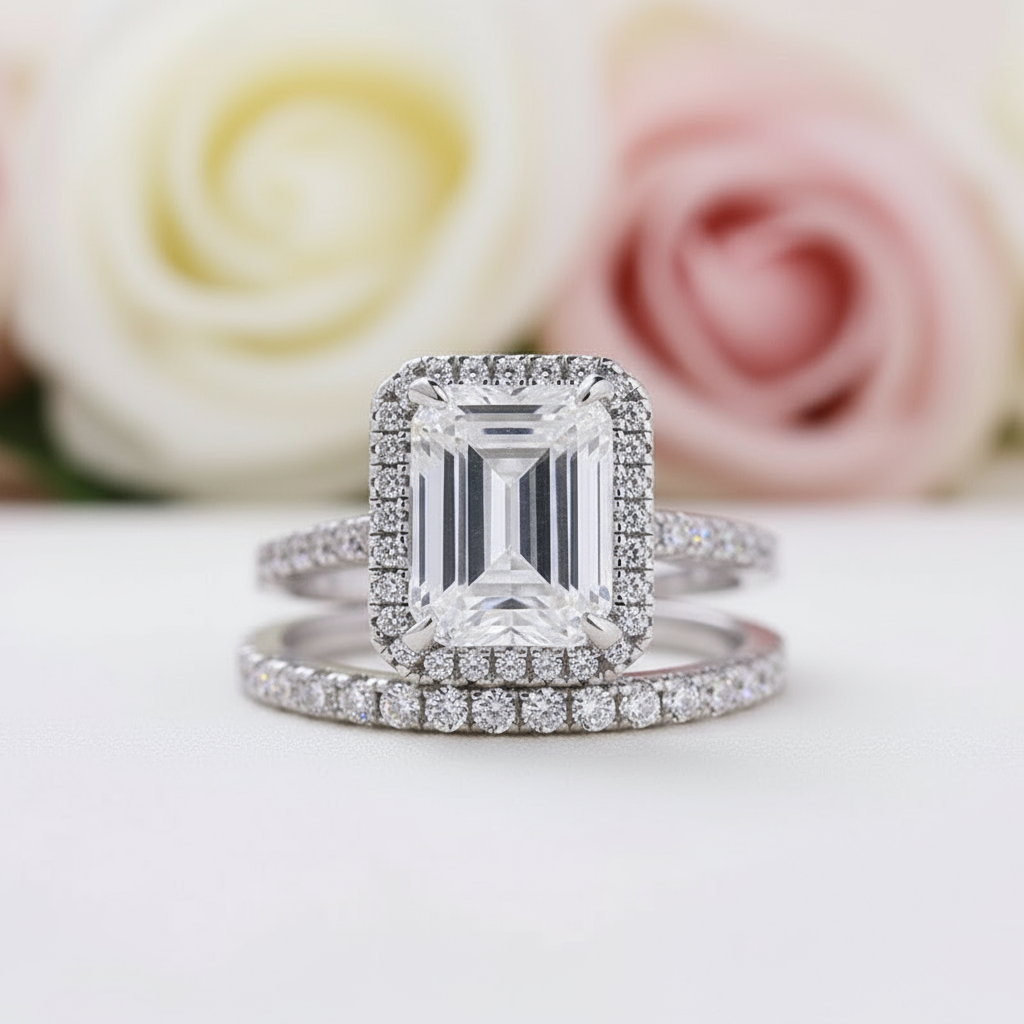 Halo Emerald Cut Simulated Diamonds Wedding Ring Set-Black Diamonds New York
