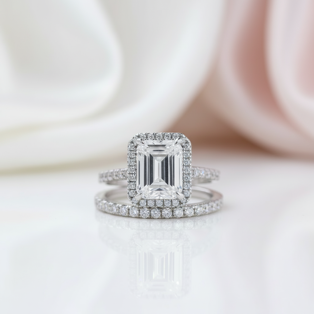 Halo Emerald Cut Simulated Diamond Options Wedding Ring Set-Black Diamonds New York