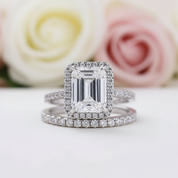 Halo Emerald Cut Simulated Diamonds Wedding Ring Set-Black Diamonds New York