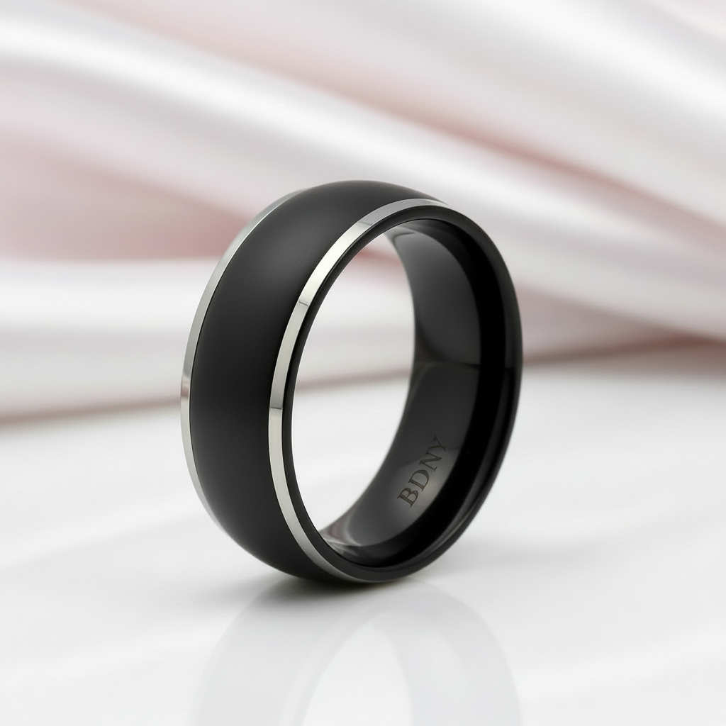 Men's Matte Black Dome Titanium Wedding Band-Black Diamonds New York