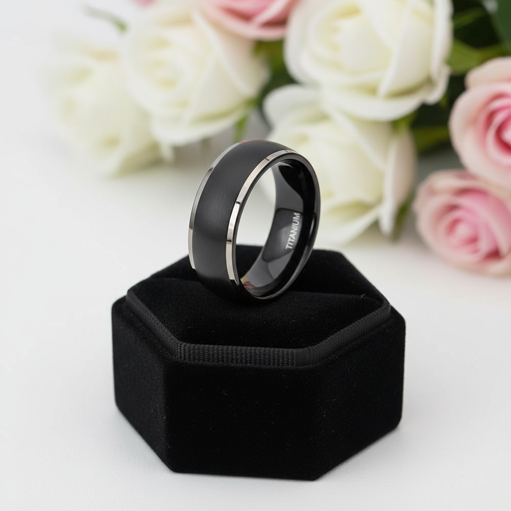 Men's Matte Black Dome Titanium Wedding Band-Black Diamonds New York