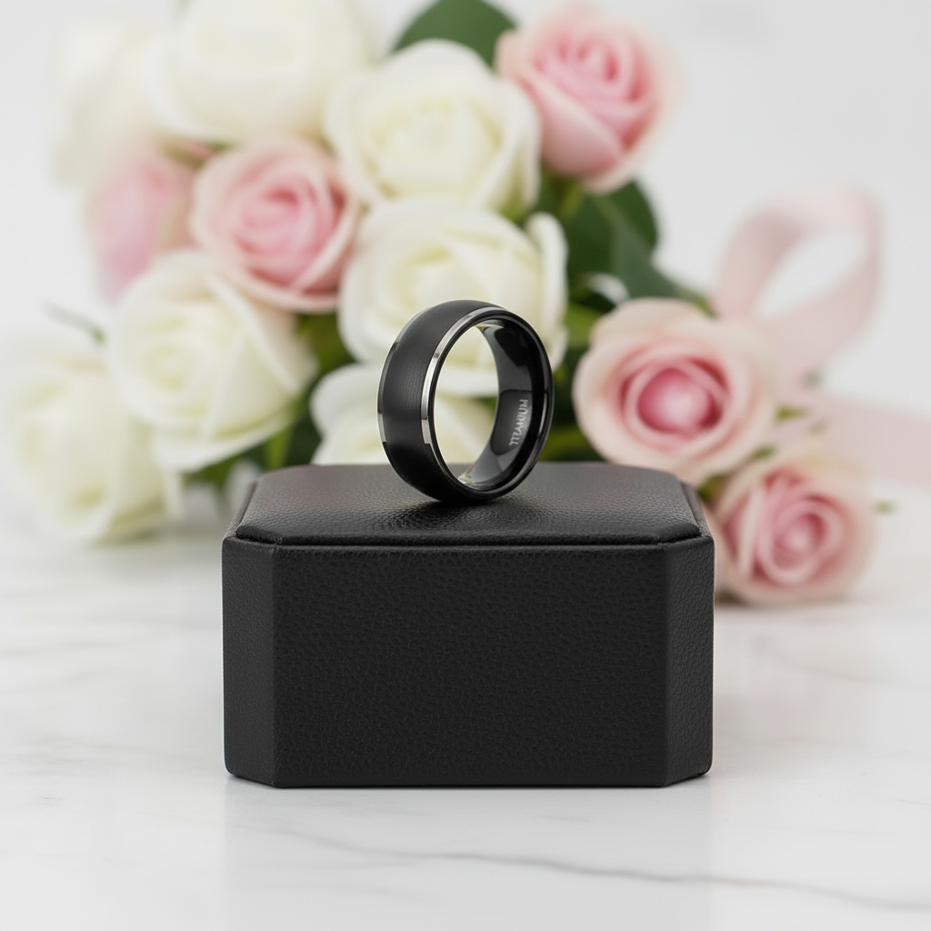 Men's Matte Black Dome Titanium Wedding Band-Black Diamonds New York