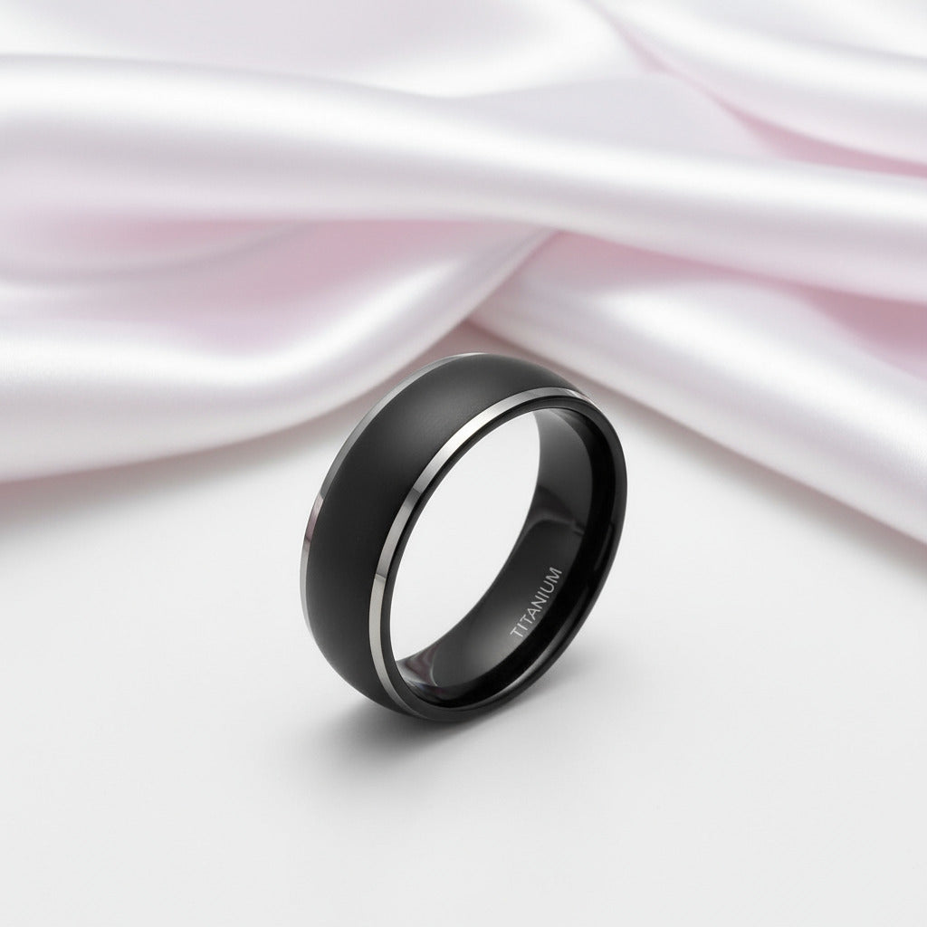 Men's Matte Black Dome Titanium Wedding Band-Black Diamonds New York